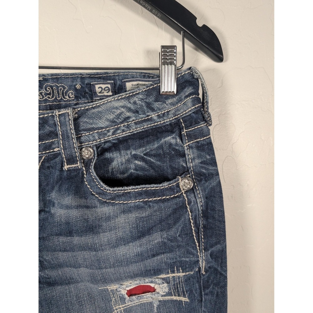 Miss Me Distressed Skinny Jeans in Dark Blue with Red Patch Accents - Picture 6 of 16